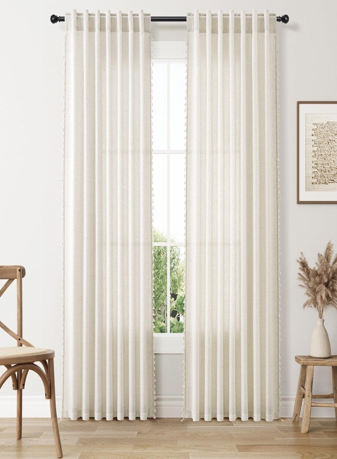 SMABU Boho Linen Curtains 84 Inches Long 2 Panels for Living Room Bedroom Natural Cream Bohemian Farmhouse Tassels Curtains Beige Semi Sheer Flax Light Filtering Chic Rustic Back Tab Curtain Drapes 52x84 - Image 1